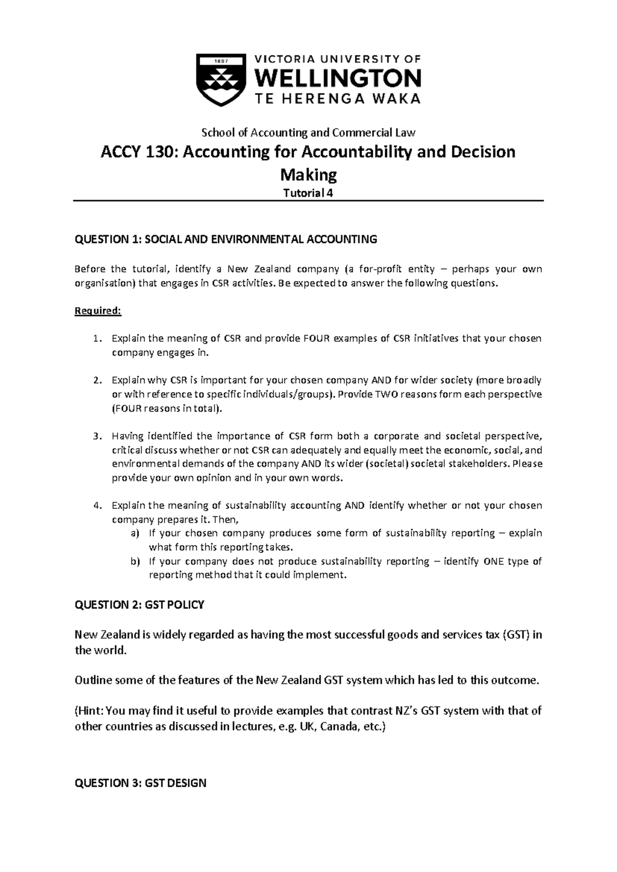 ACCY Tutorial 4 Questions - School of Accounting and Commercial Law ...