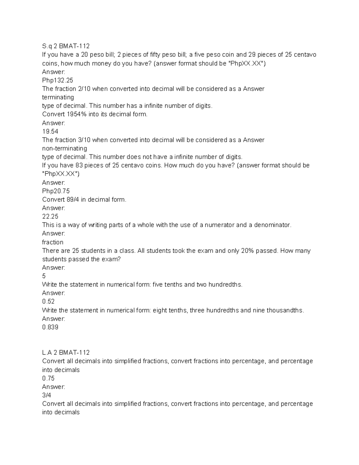 Bmath-112 - Money and Decimal Conversions: Exercises and Answers - Studocu