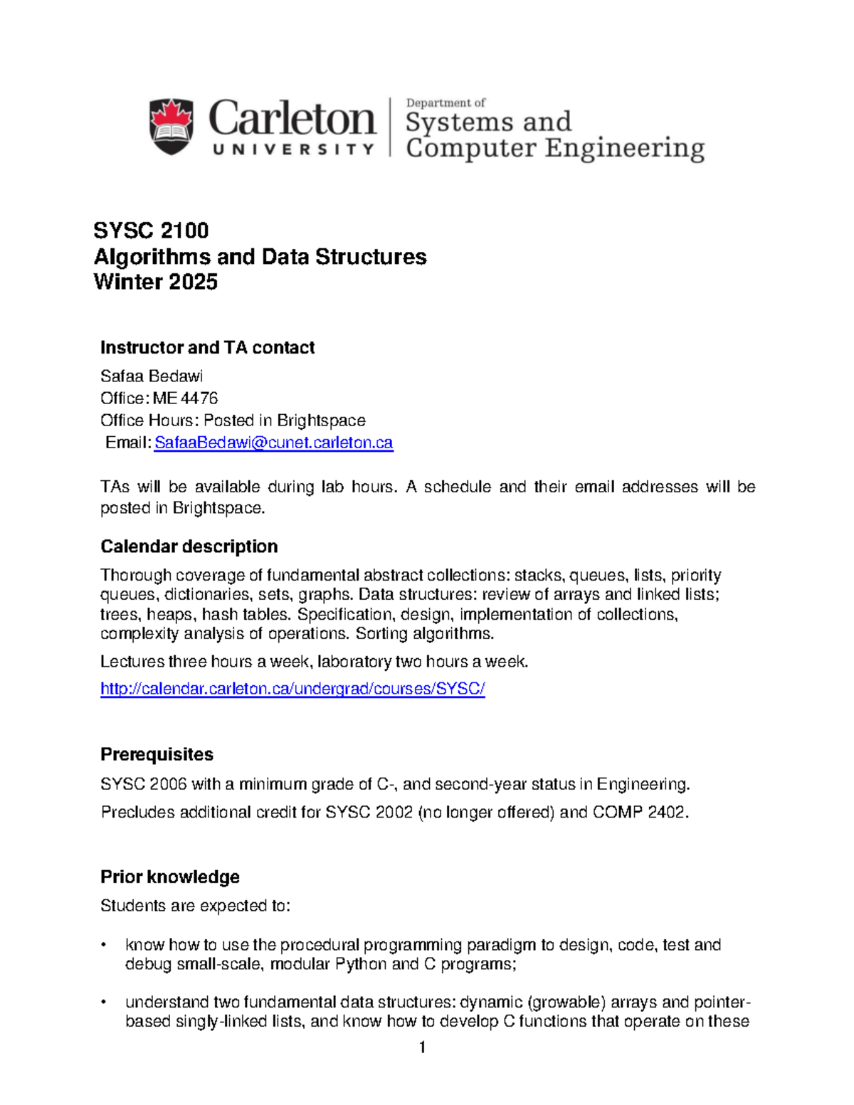 SYSC 2100: Course Outline on Algorithms and Data Structures (Winter ...