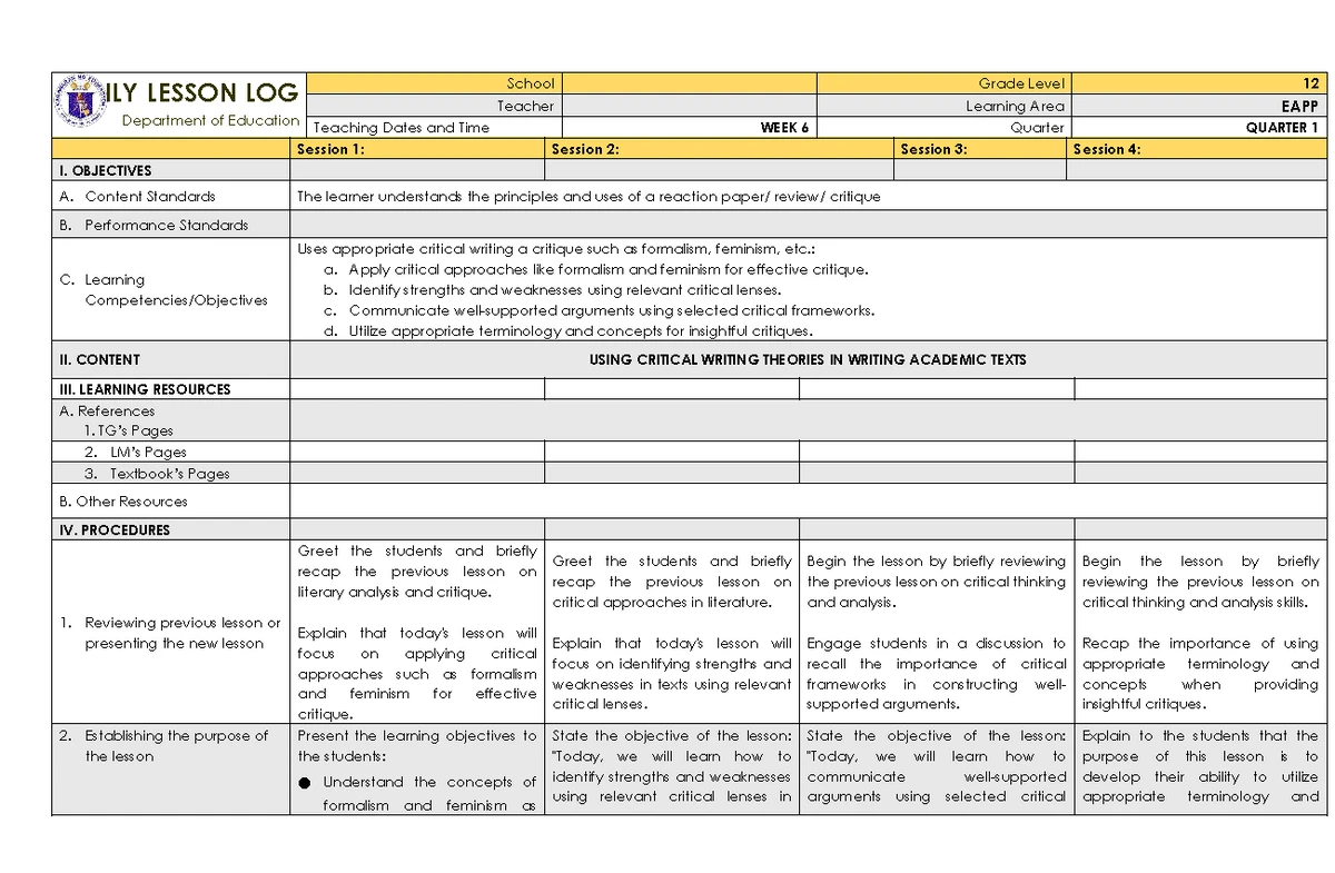 EAPP 11 Quarter 1 Week 2 Daily Lesson Log on Text Structure - Studocu
