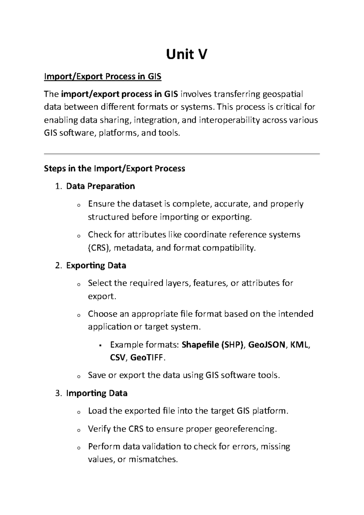 Unit V GIS - Import/Export Process and Data models Notes - Studocu