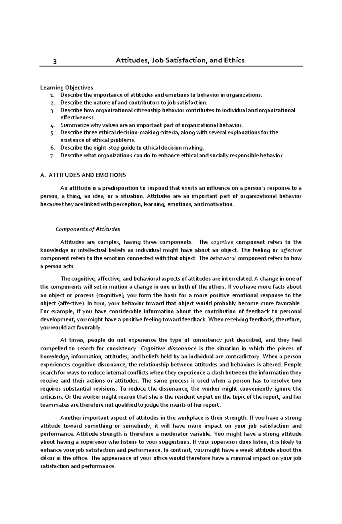 Chapter 3: Attitudes, Job Satisfaction, and Ethics in Organizations ...