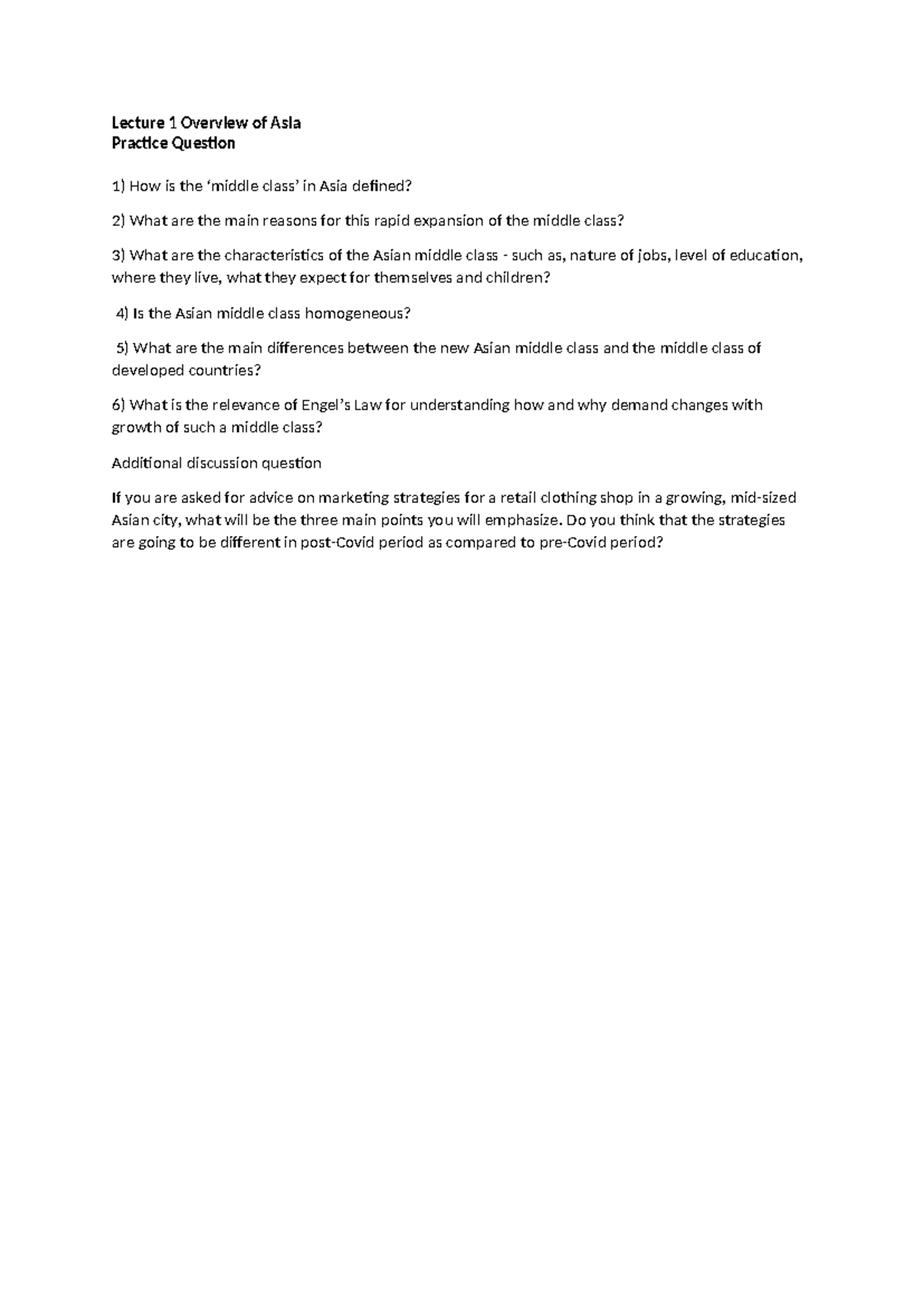 Lecture 1: Overview of Asia - Practice Questions on Middle Class ...