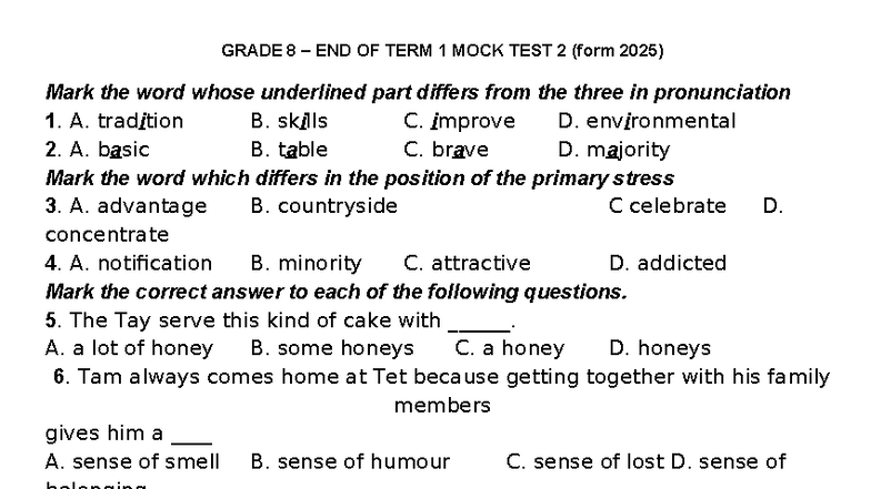 ENG8 CK1 Term 1 Mock Test 2 (2025) - Pronunciation & Comprehension ...