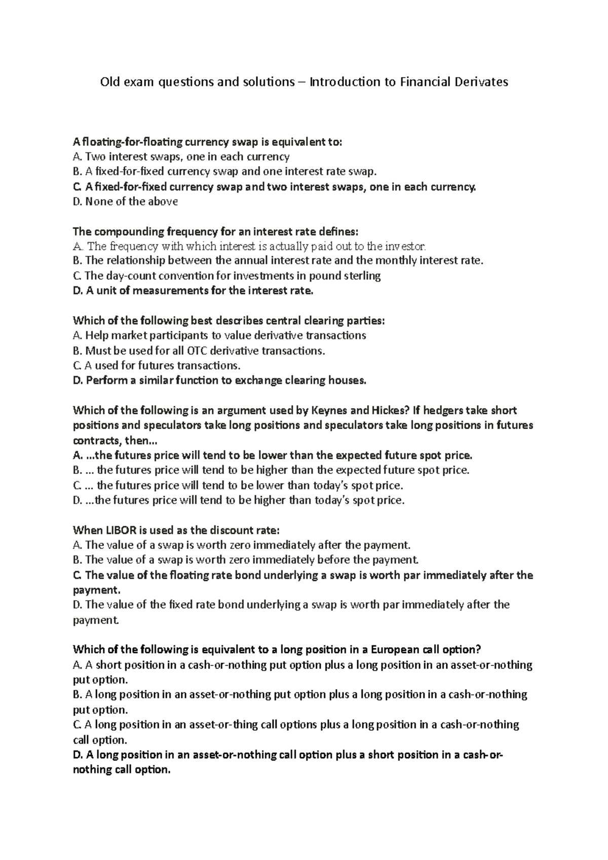 Old Exam Questions & Solutions - FIN 301 - Financial Derivatives - Studocu