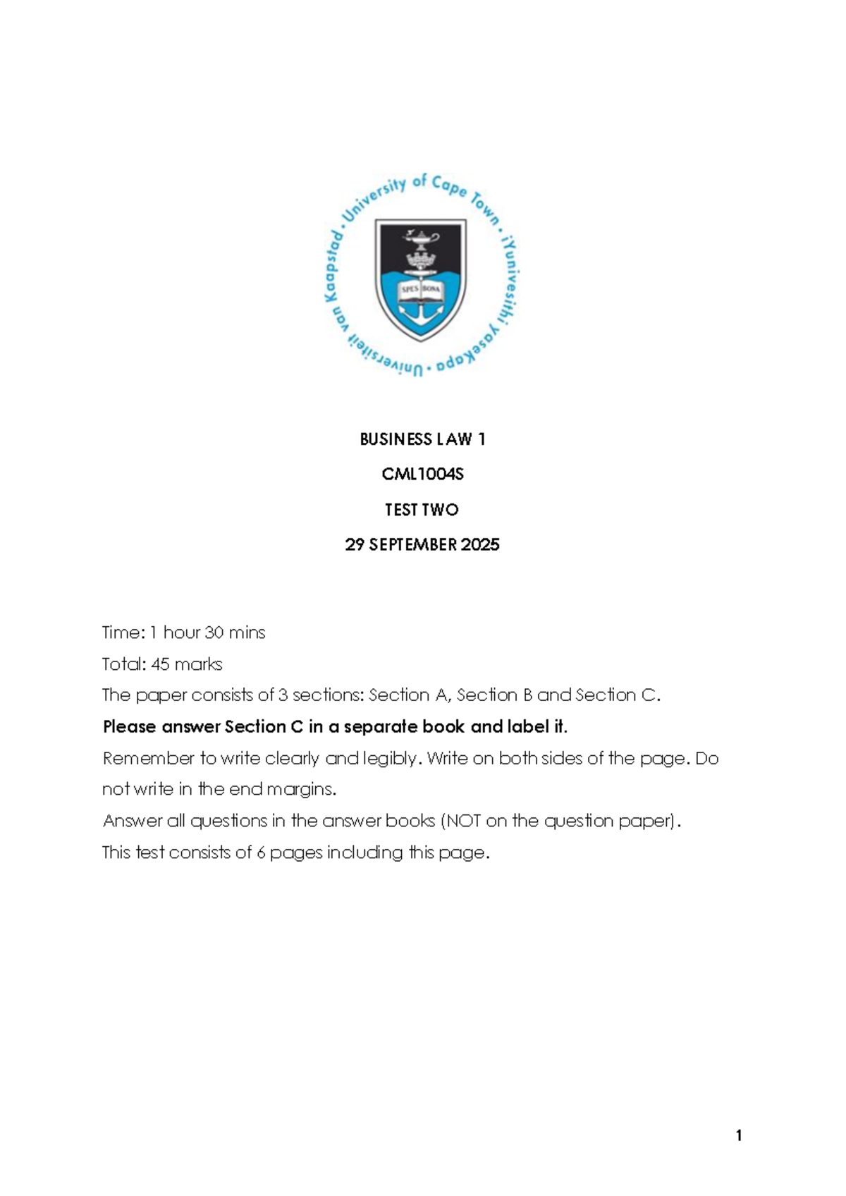 BUSINESS LAW 1 CML1004S TEST TWO - 29 SEPTEMBER 2025 - Studocu