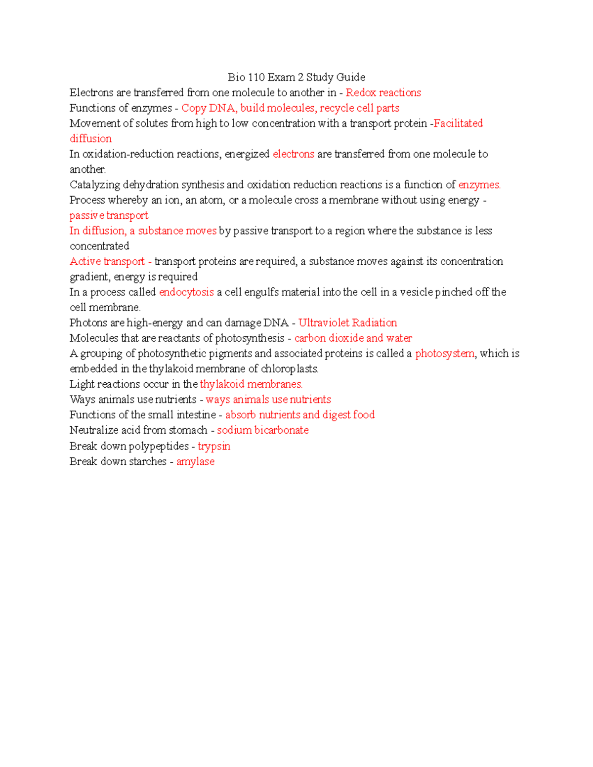 Bio 110 Exam 2 Comprehensive Study Guide for Key Concepts - Studocu