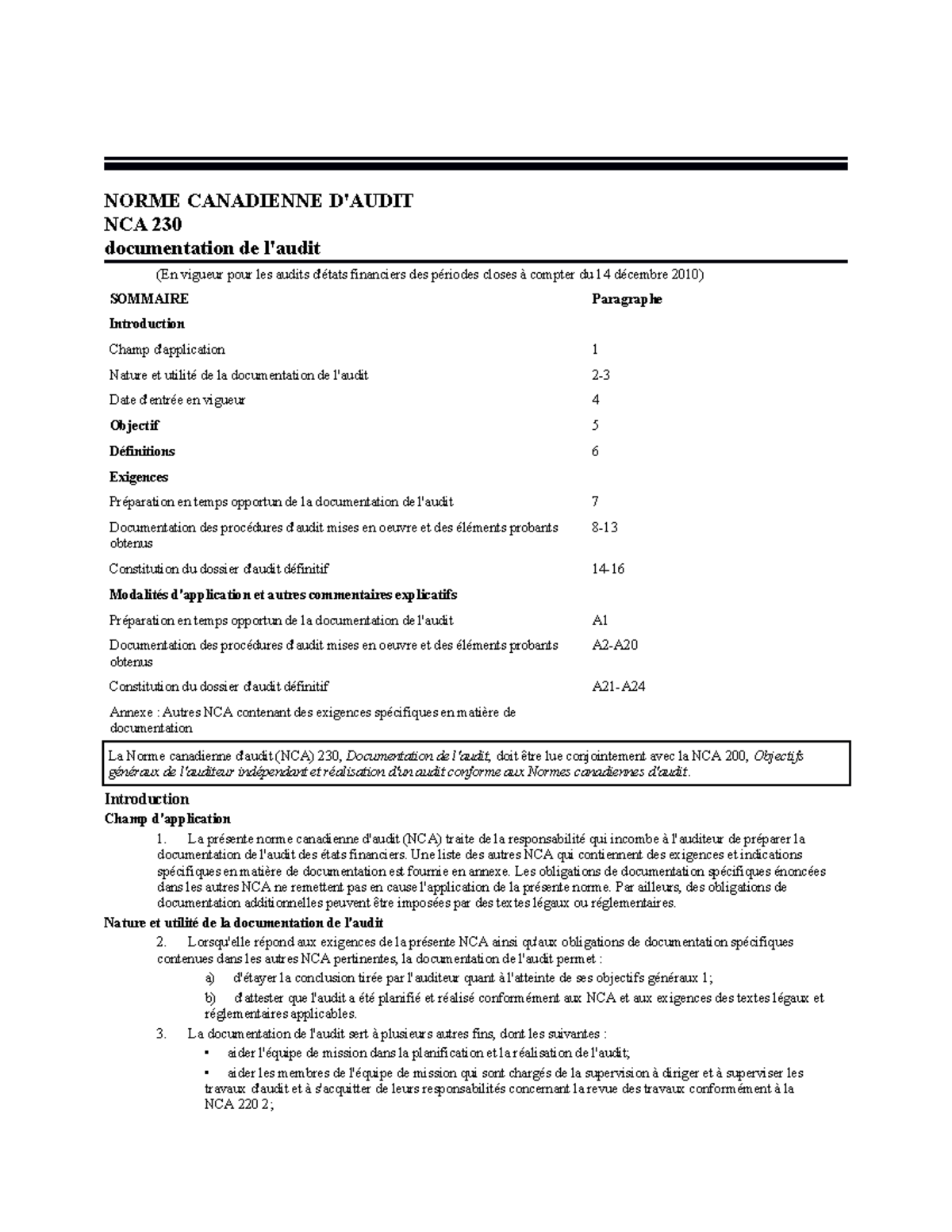 NCA 230 - Documentation de l'Audit et Normes Canadiennes d'Audit - Studocu