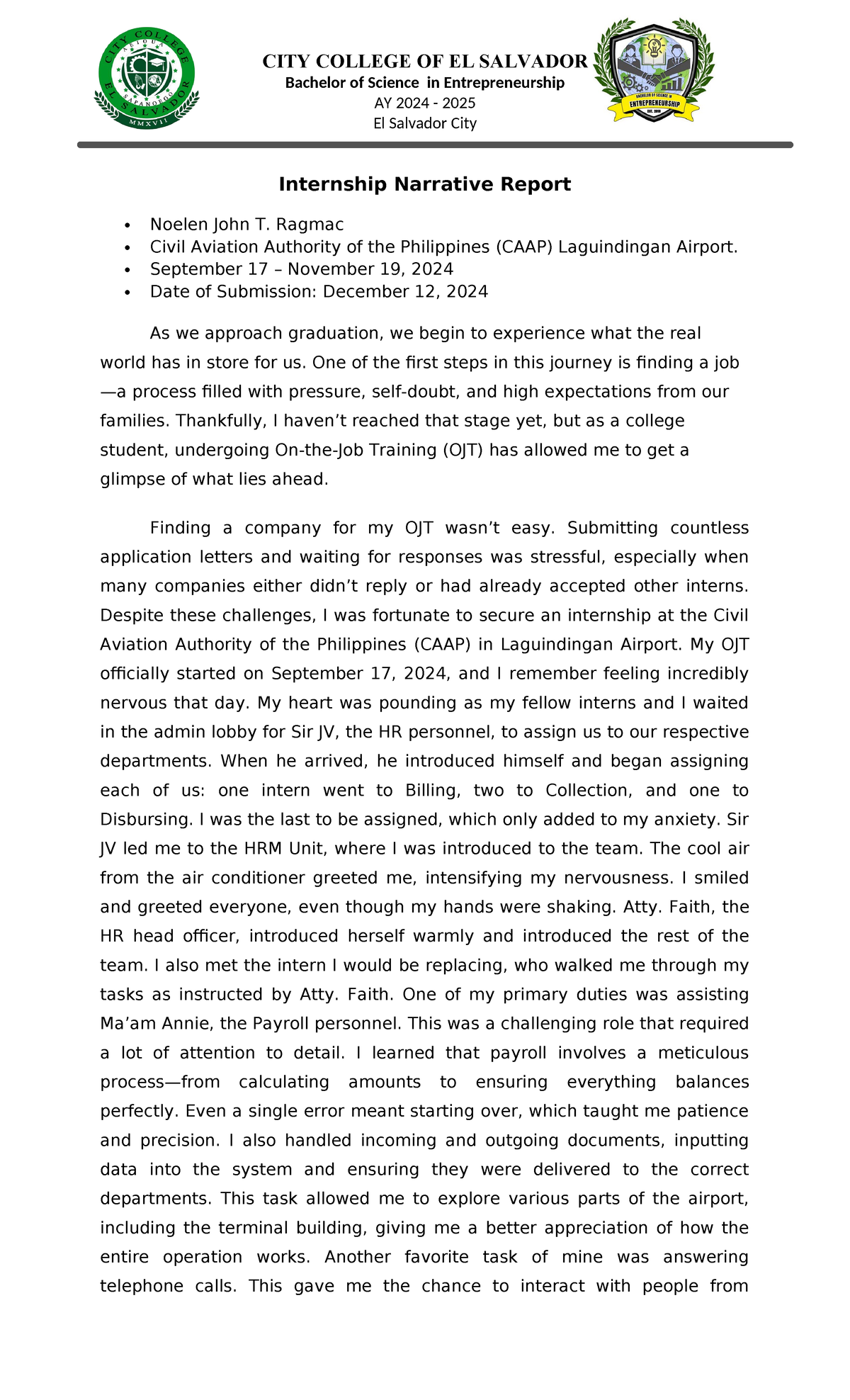 Internship Narrative Report - CAAP at Laguindingan Airport (AY 2024 ...