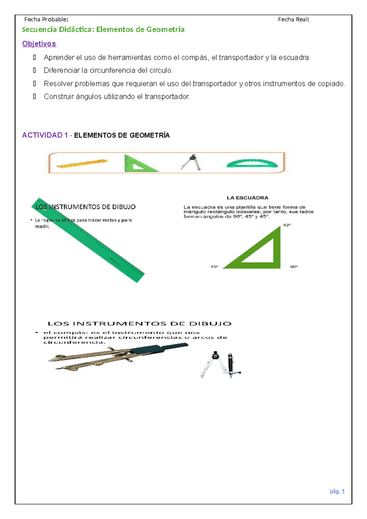 Elementos de Geometría: Actividades y Objetivos de Aprendizaje - Document Preview