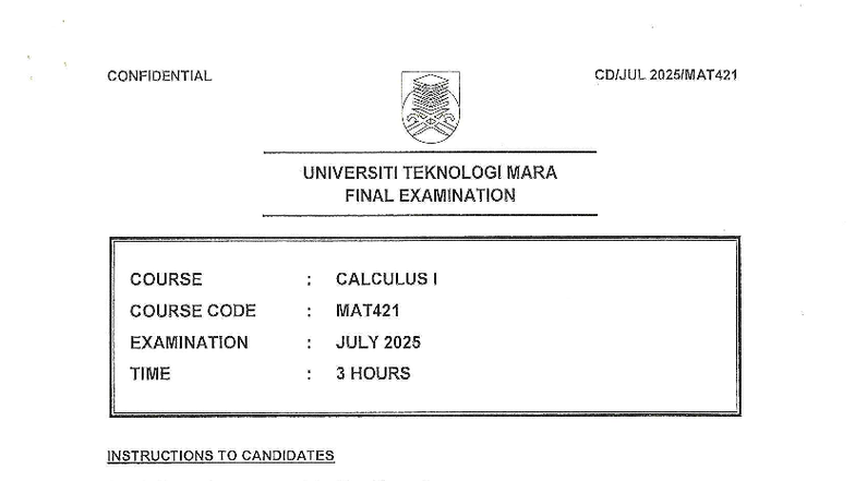 MAT421 Final Exam Paper - Calculus I - July 2025 - Studocu