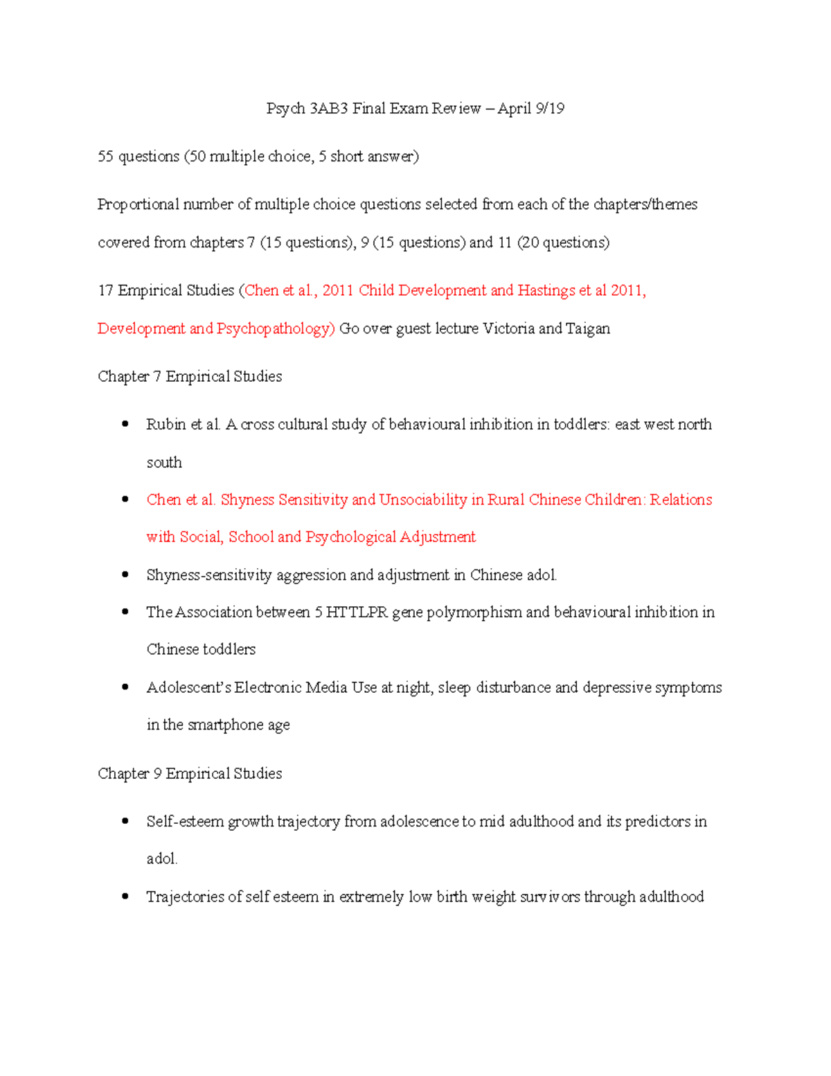 Psych 3AB3 Final Exam Review Notes - Key Empirical Studies - Studocu