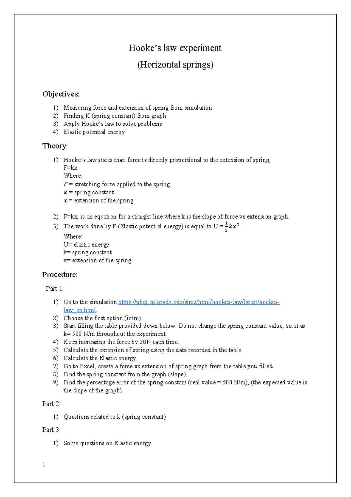 Hooke's Law Experiment - PHET Lab Analysis and Spring Constant (Chase ...