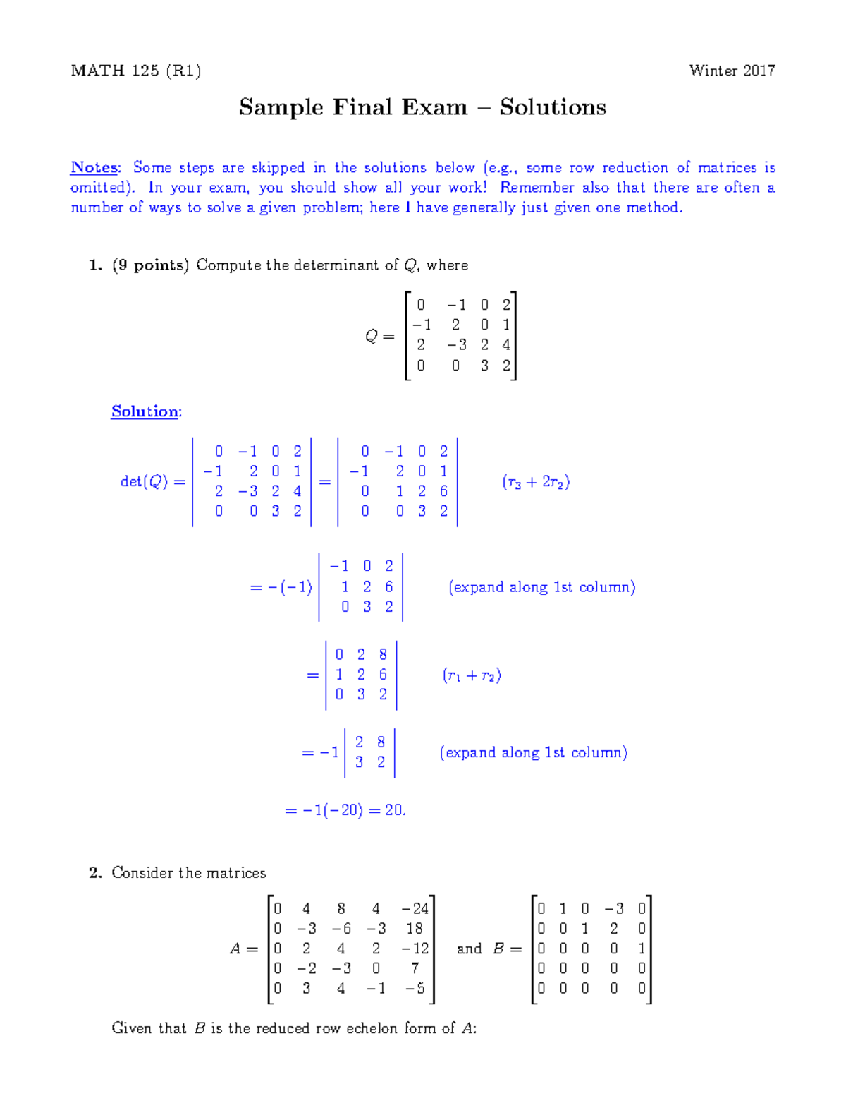 MATH125 Winter 2017 Practice Final Exam Solutions and Insights - Studocu