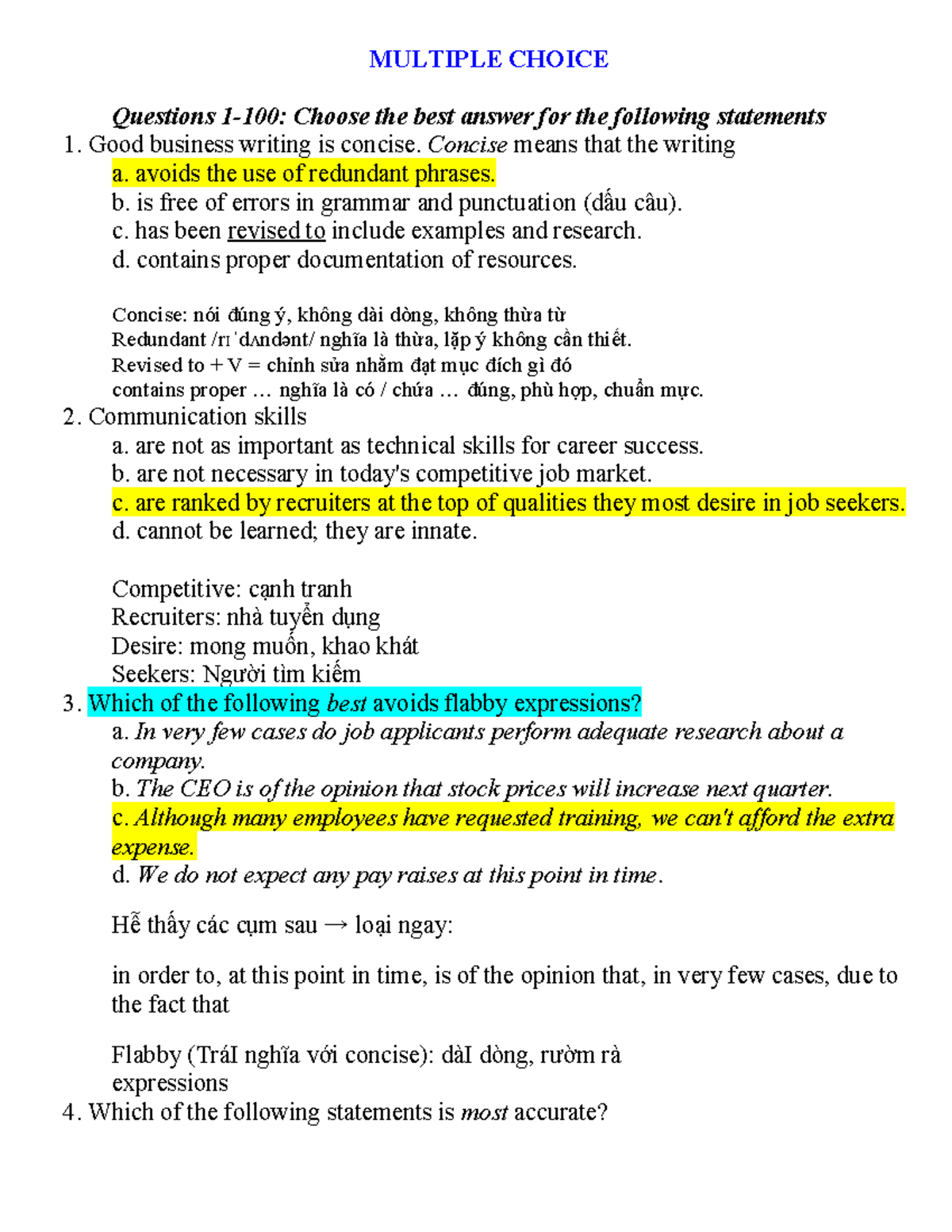 MULTIPLE CHOICE Questions for Business Communication (Course Code ...