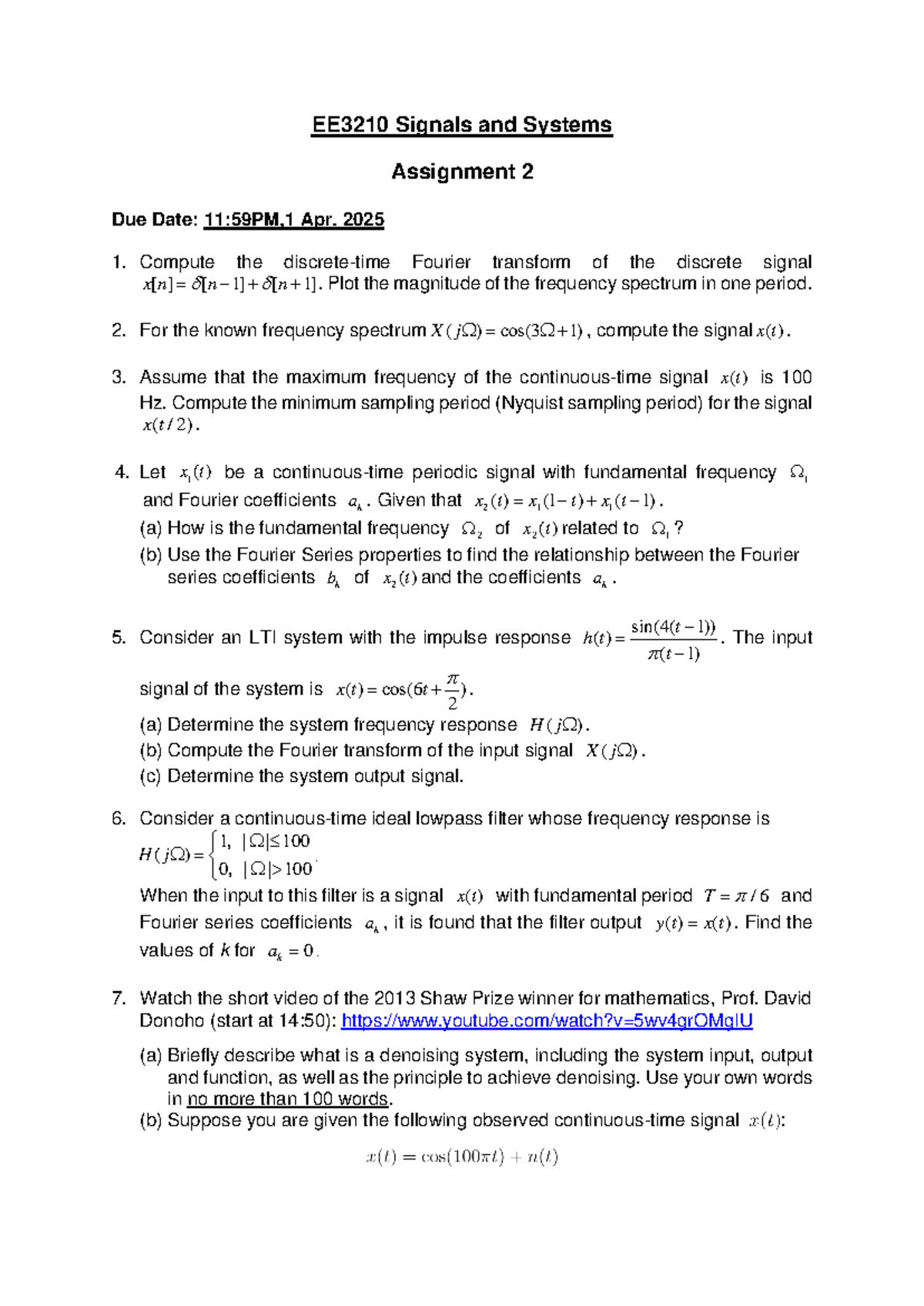 EE3210 Assignment 2 - sem B - EE 3210 Signals and Systems Assignment 2 ...