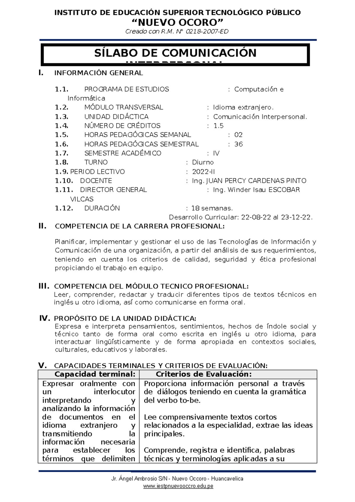 Sílabo de Comunicación Interpersonal - Computación e Informática 2022 - Document Preview
