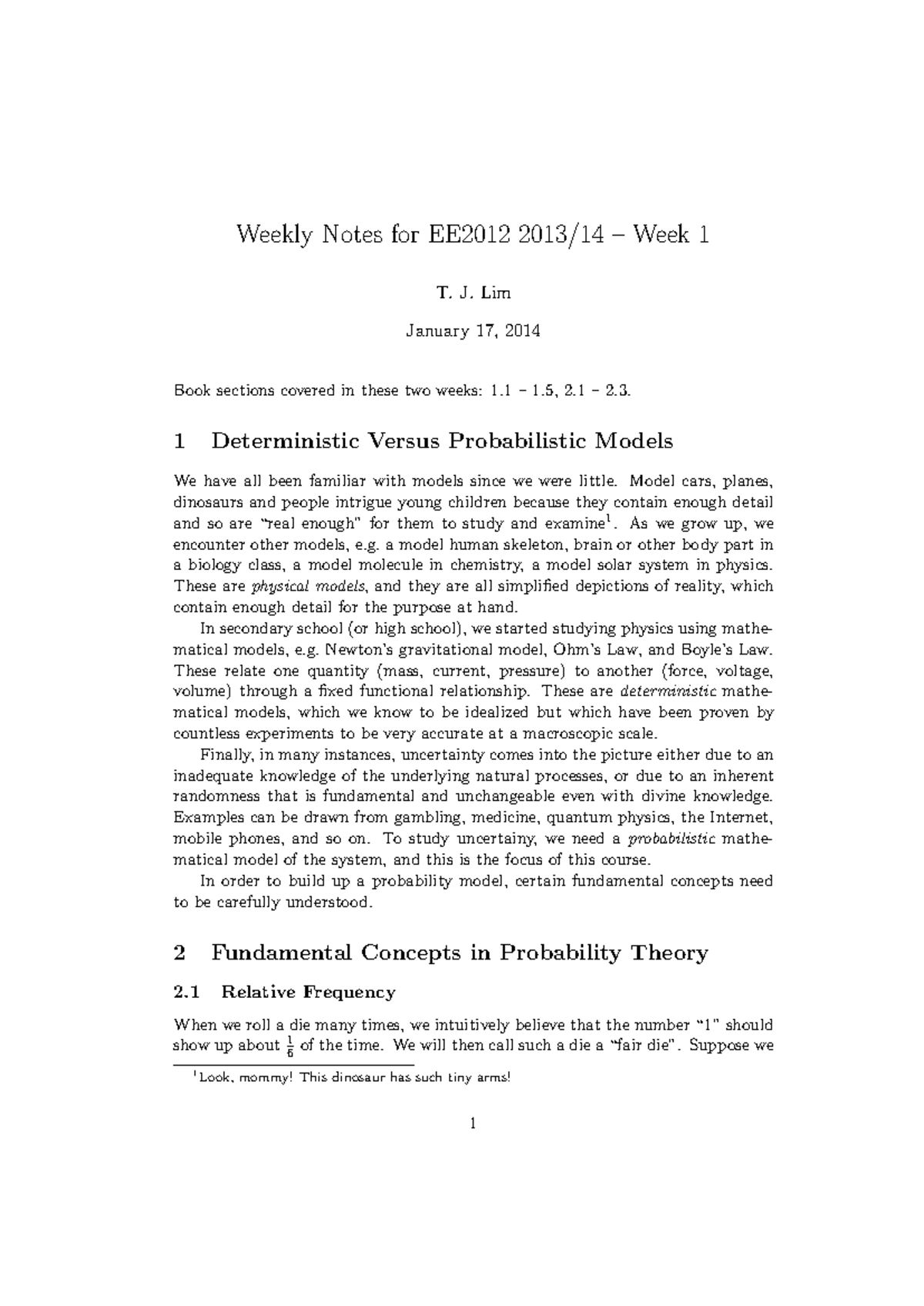 EE2012 Week 1 Lecture Notes: Deterministic vs. Probabilistic Models ...