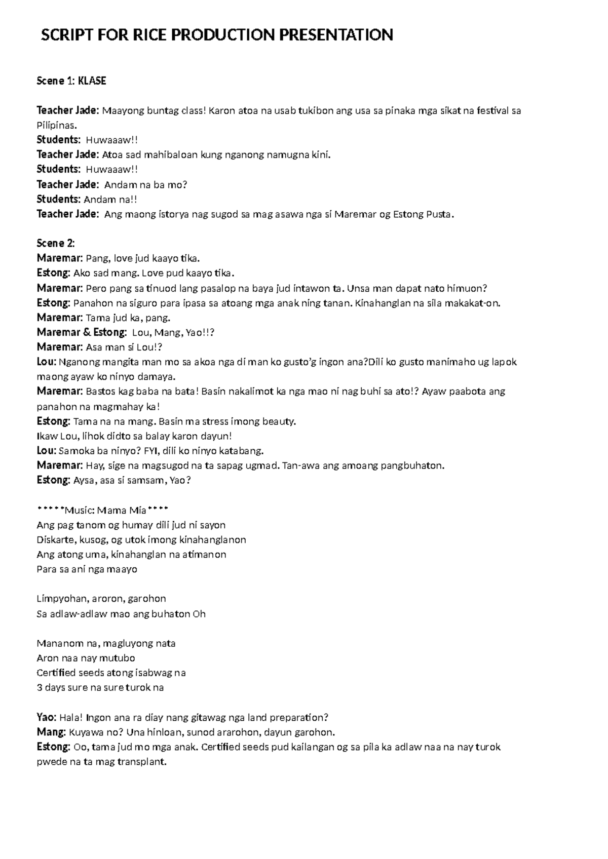 Script - Role Play for Rice Production Presentation - Studocu