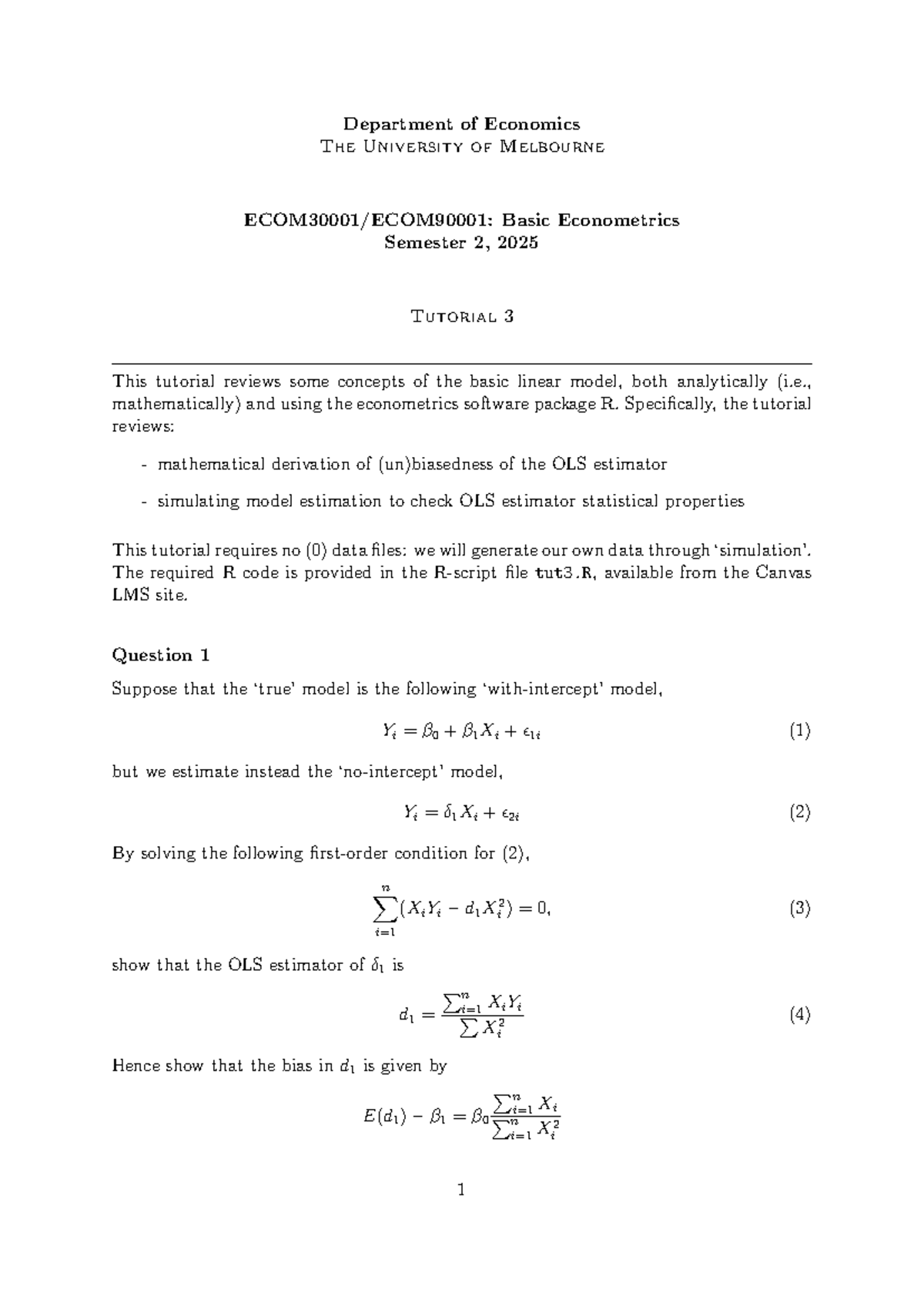 Tutorial 3: Basic Econometrics (ECON101) - OLS Estimator Analysis - Studocu