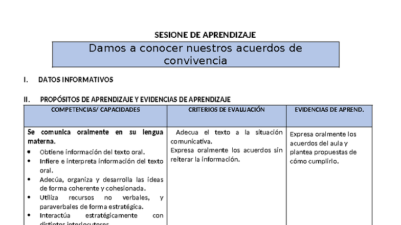 SESION DE APRENDIZAJE: Normas de Convivencia 1ERO - Studocu