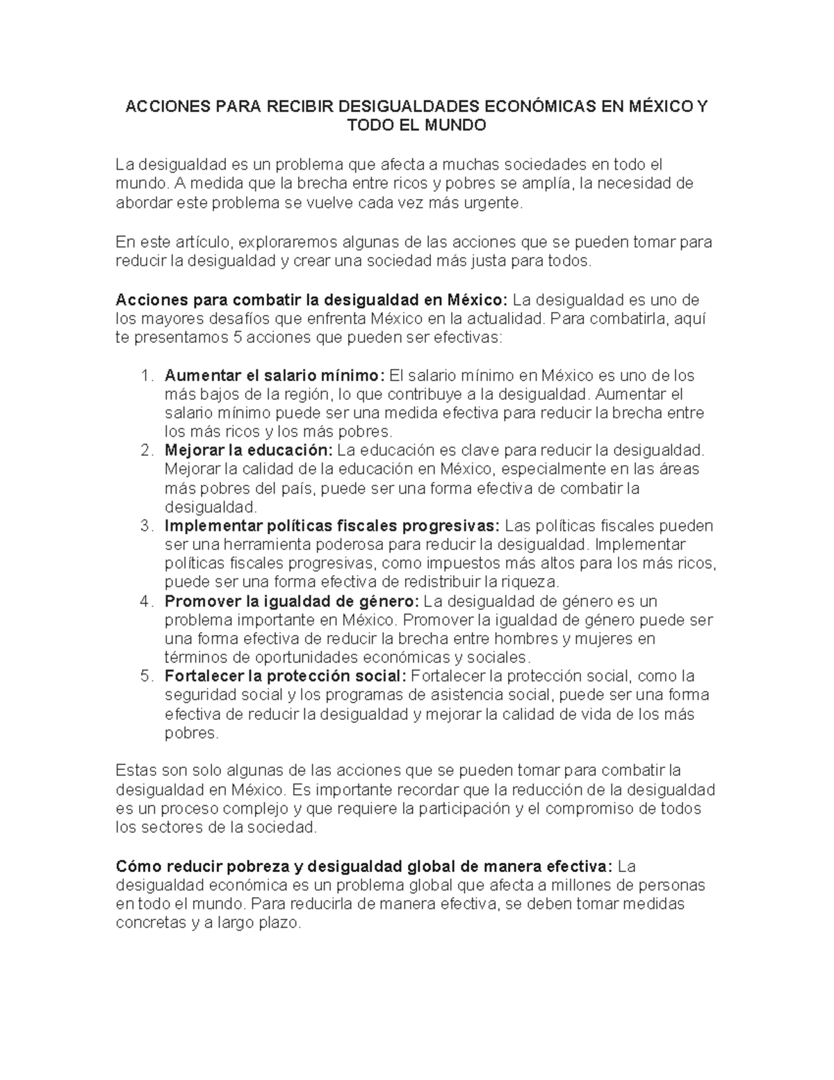 ACCIONES PARA REDUCIR DESIGUALDADES ECONÓMICAS EN MÉXICO Y EL MUNDO ...