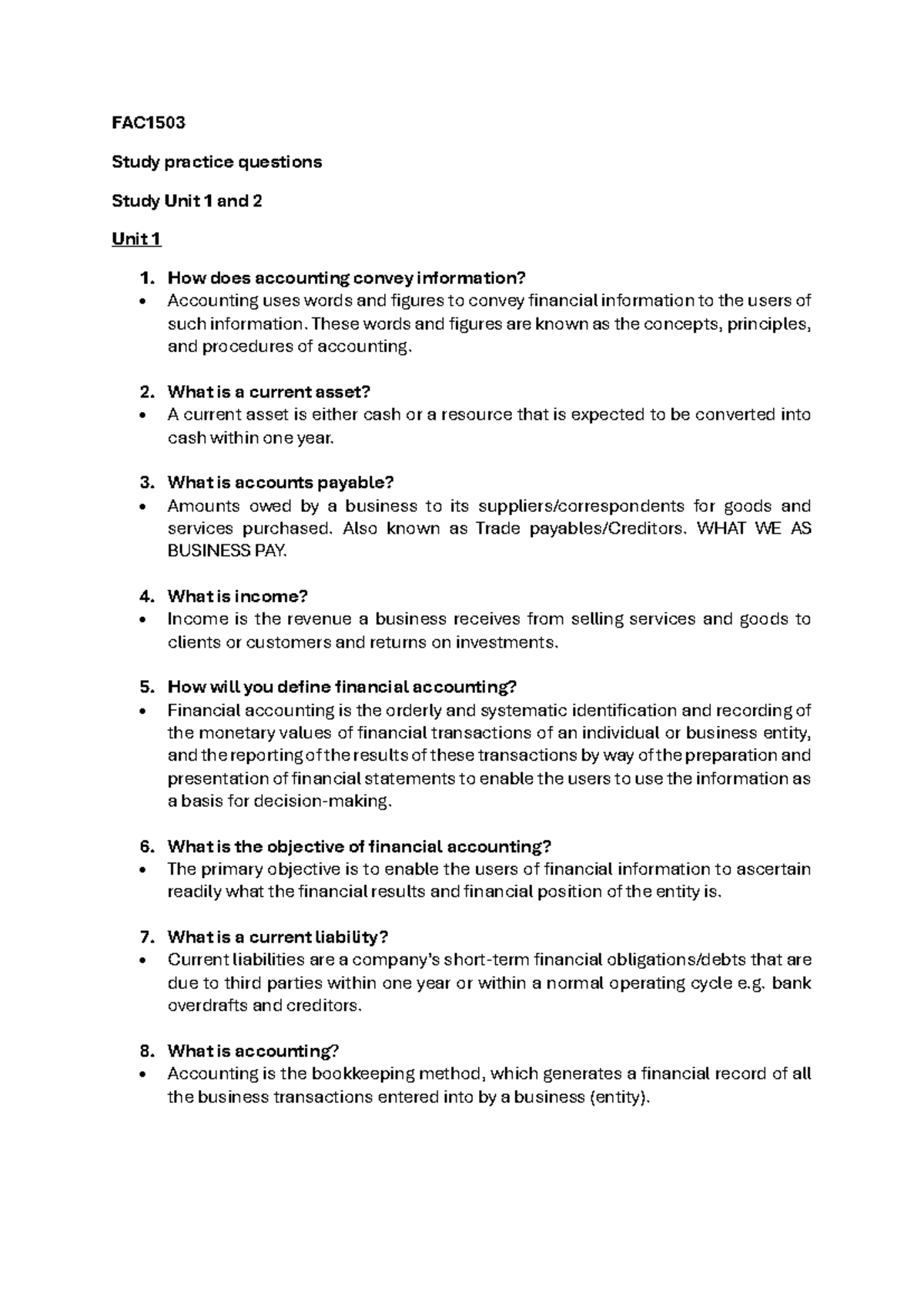 FAC1503 Revision Q&A for Units 1 & 2 in Financial Accounting - Studocu