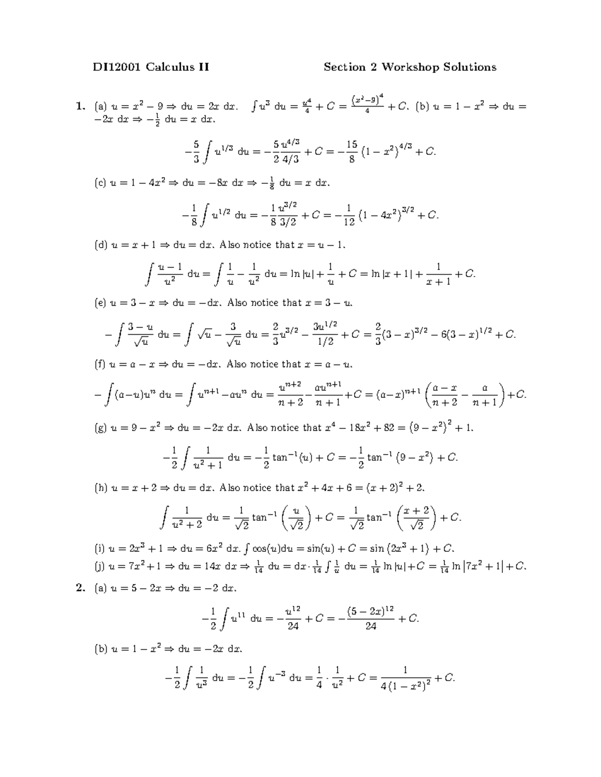 DI12001 Calculus II Workshop Solutions - Section 2 - Studocu