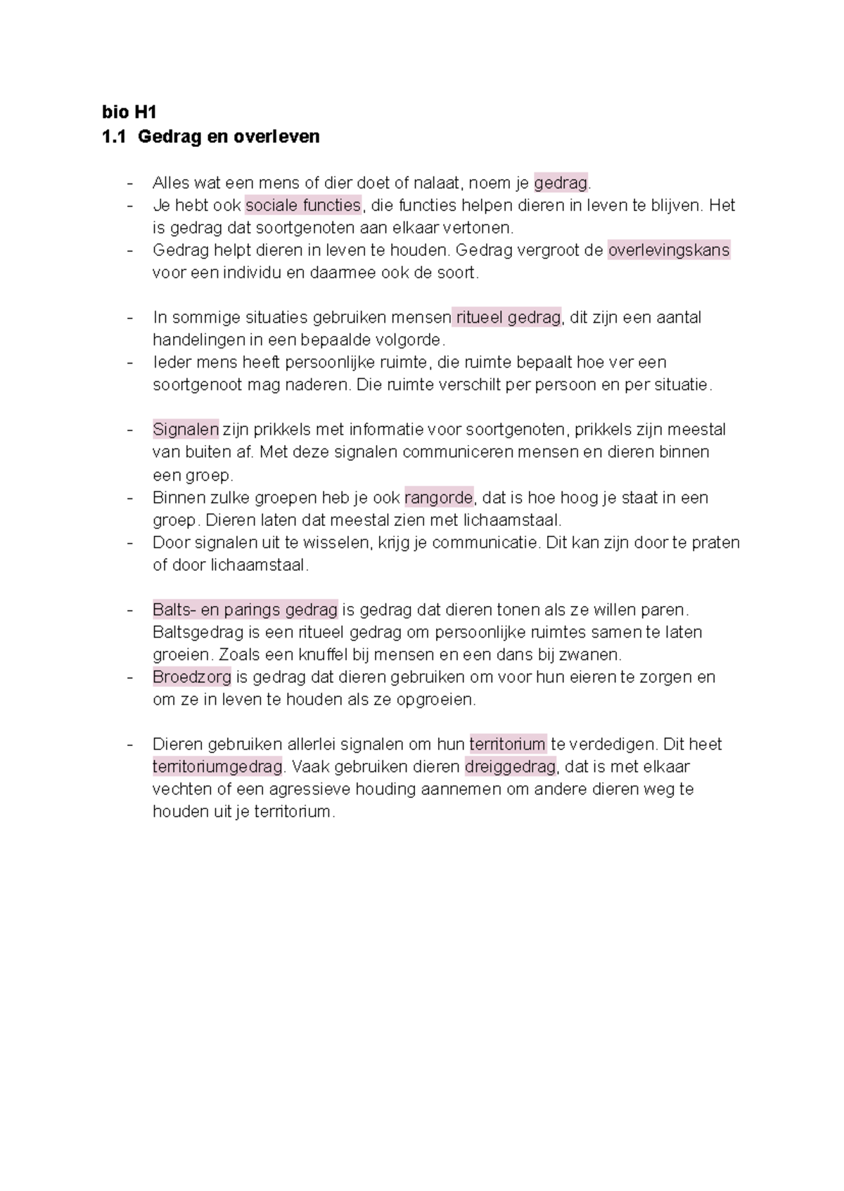 Bio H1 - Gedrag en Overleven: Sociale Functies en Prikkels - Studeersnel