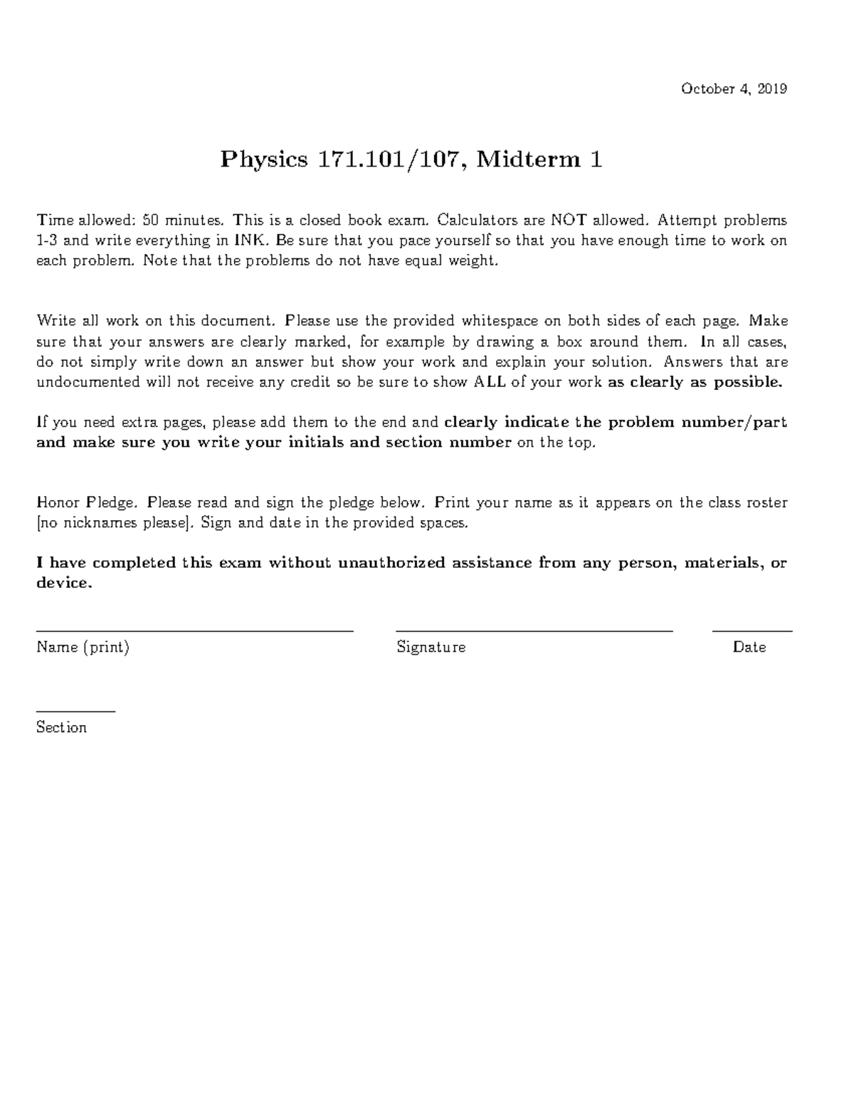 Midterm 1 Physics F2019 - Exam Instructions and Problem Set - Studocu