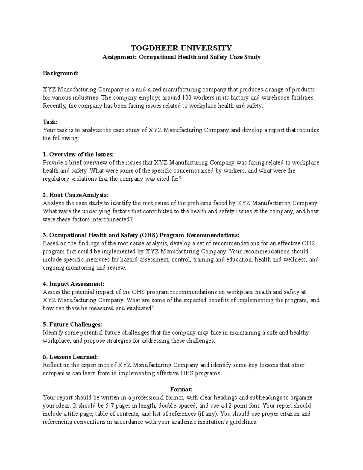 Occupational Health & Safety Case Study (TOGDHEER UNI) - Studocu