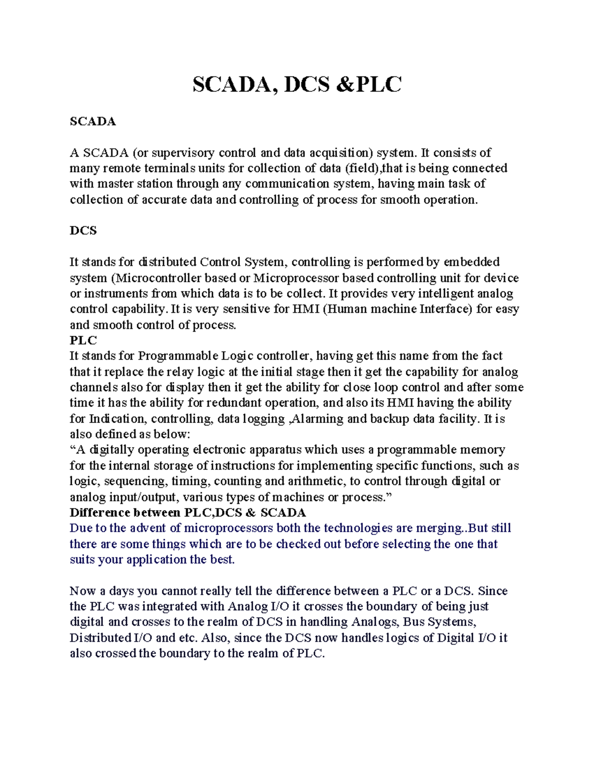 PLC, DCS, and SCADA Systems: A Comprehensive Overview (434459758) - Studocu