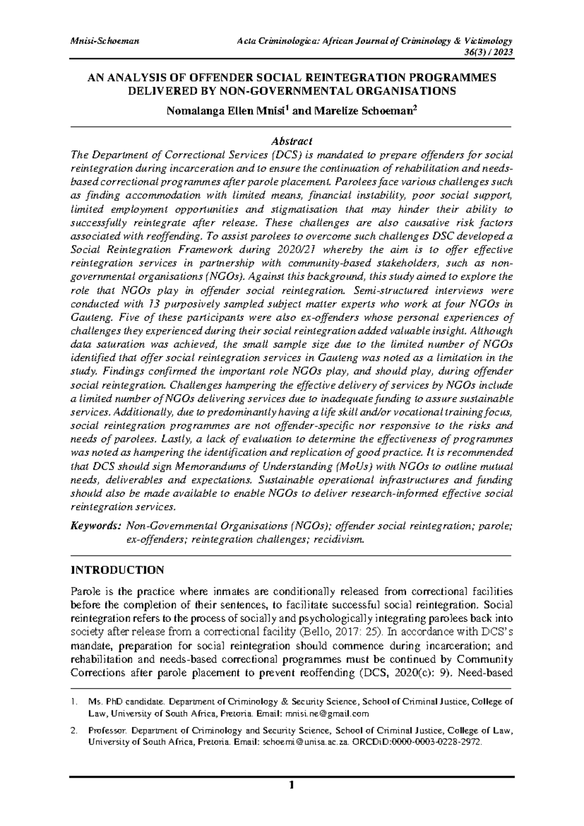 Analyzing the role of NGOs in offender social reintegration programs ...