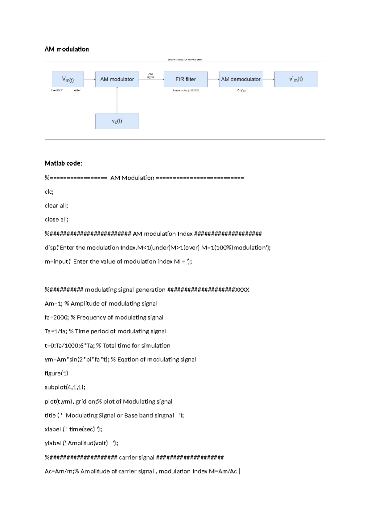 AM Modulation MATLAB Code & Explanation for EE 101 - Studocu