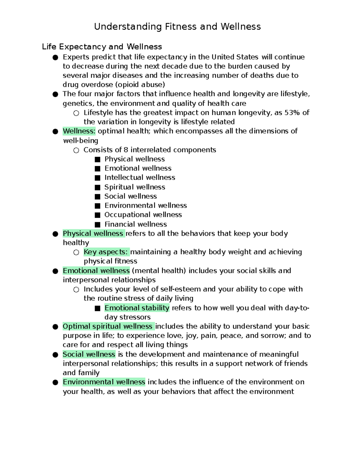 Fitness and Health CH 1: Understanding Wellness and Exercise - Studocu