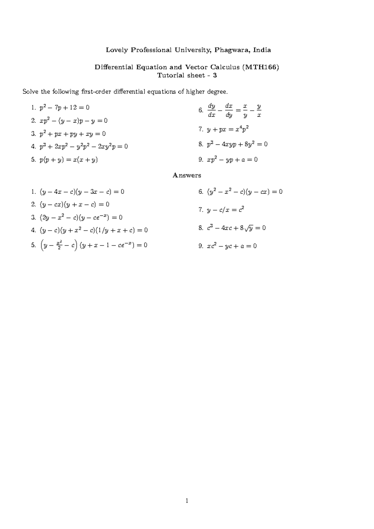 MTH166 Differential Equations & Vector Calculus Tutorial Sheet 3 - Studocu