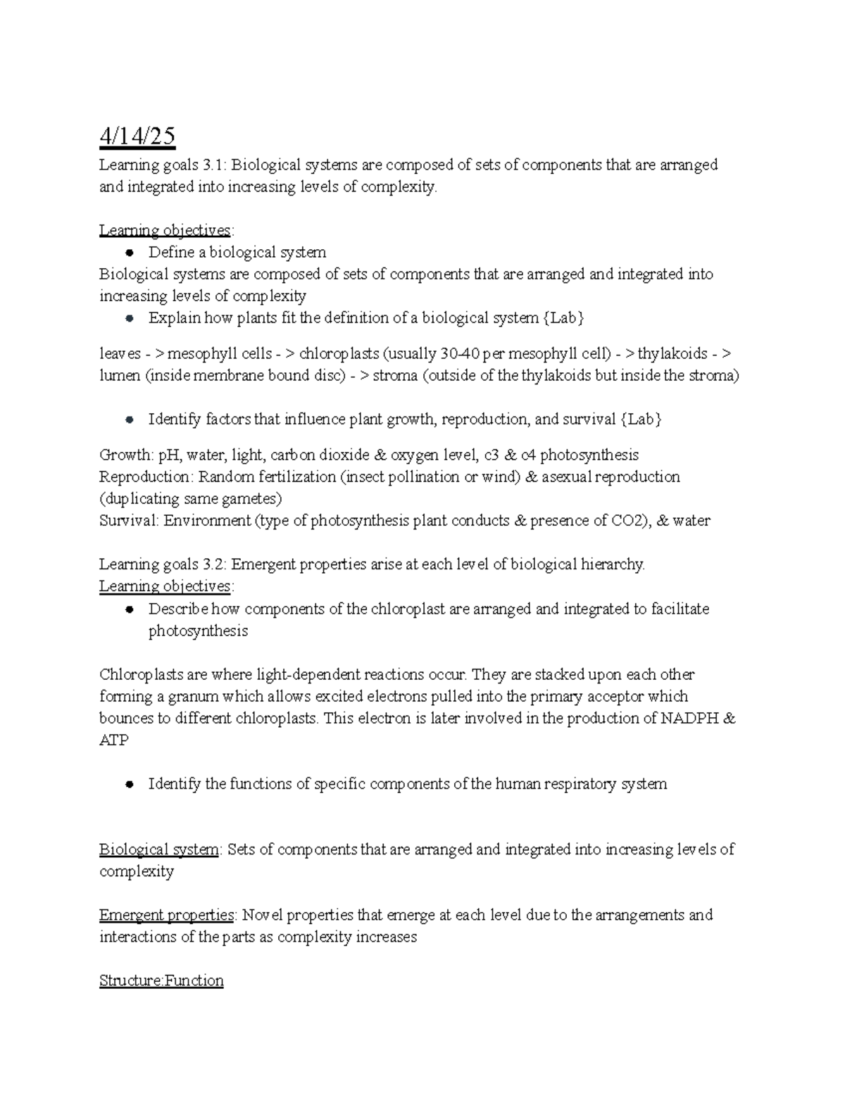 BIO 201 Unit 3: Learning Objectives & Notes on Biological Systems - Studocu