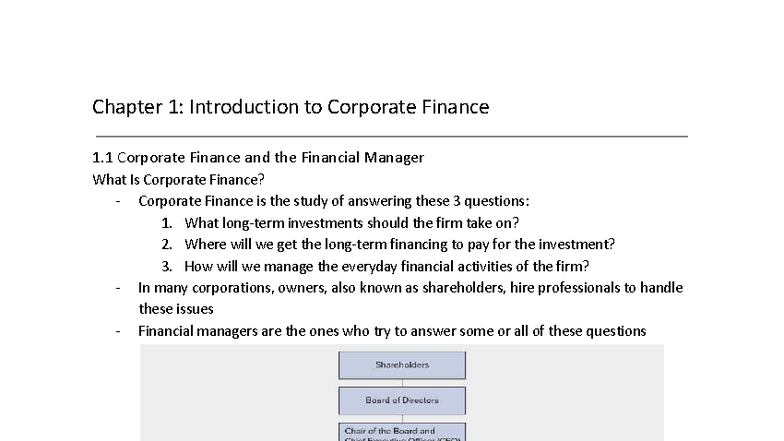 2FA3 Chapter 1 - Introduction to Corporate Finance Notes - Studocu