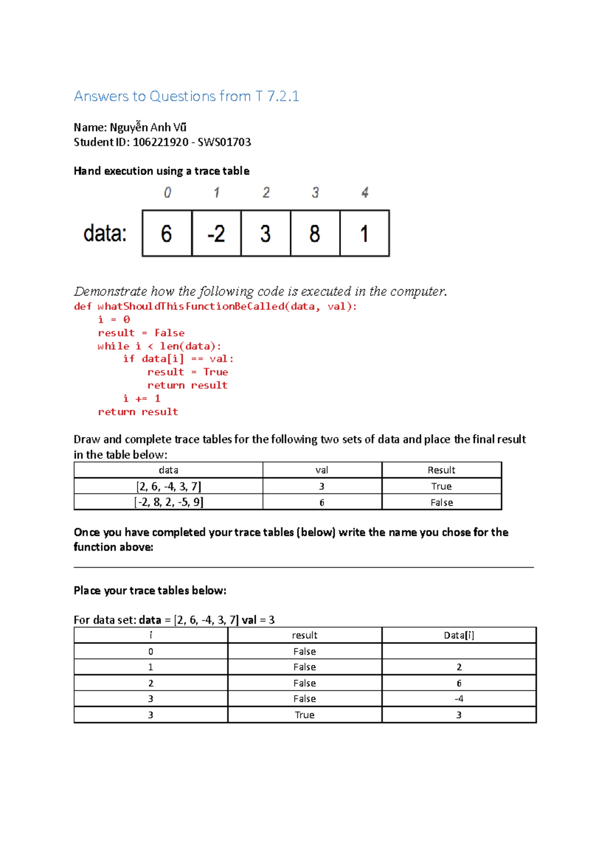 Hand Execution - Array Search SWS01703 Trace Table Analysis - Studocu