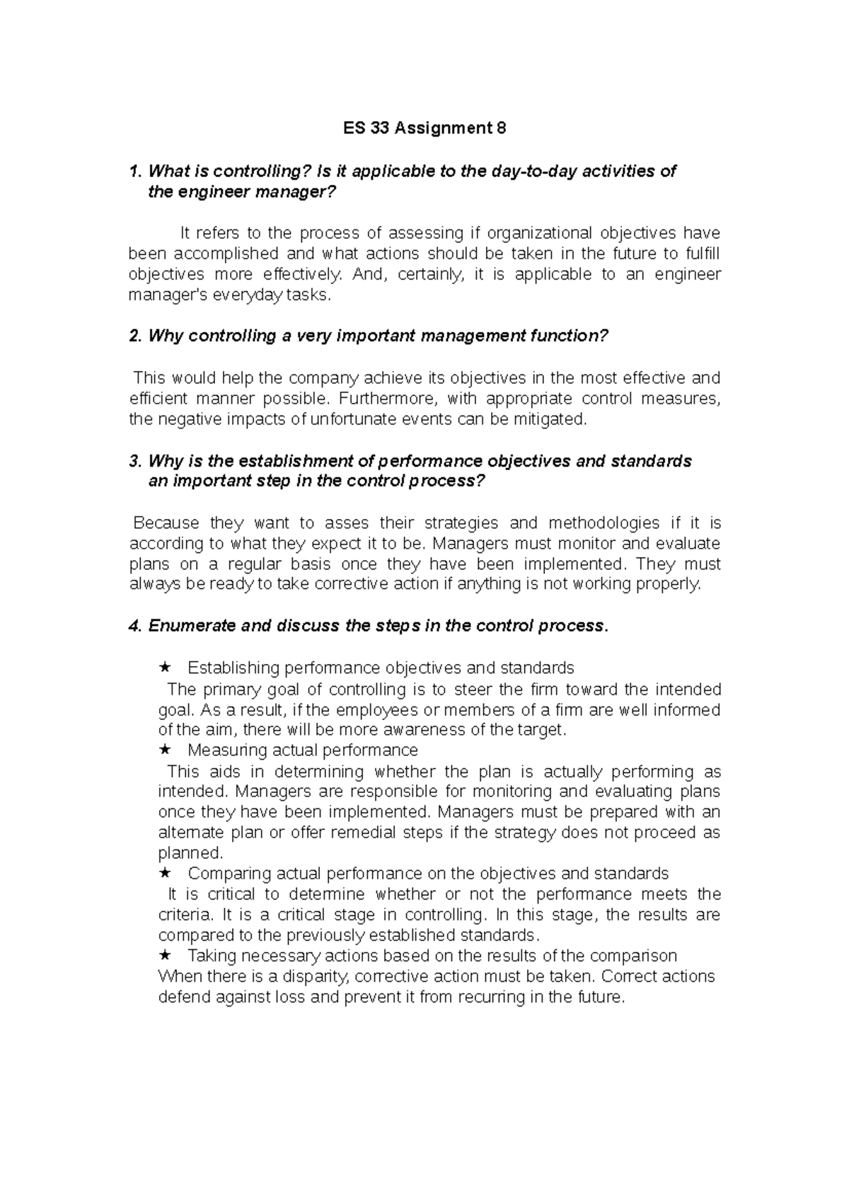ES 33 Assignment 8 - Control Process in Engineering Management - Studocu