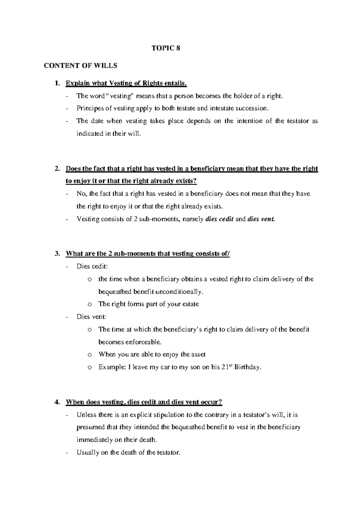 Topic 8 Revision: Understanding Wills and Vesting of Rights - Studocu
