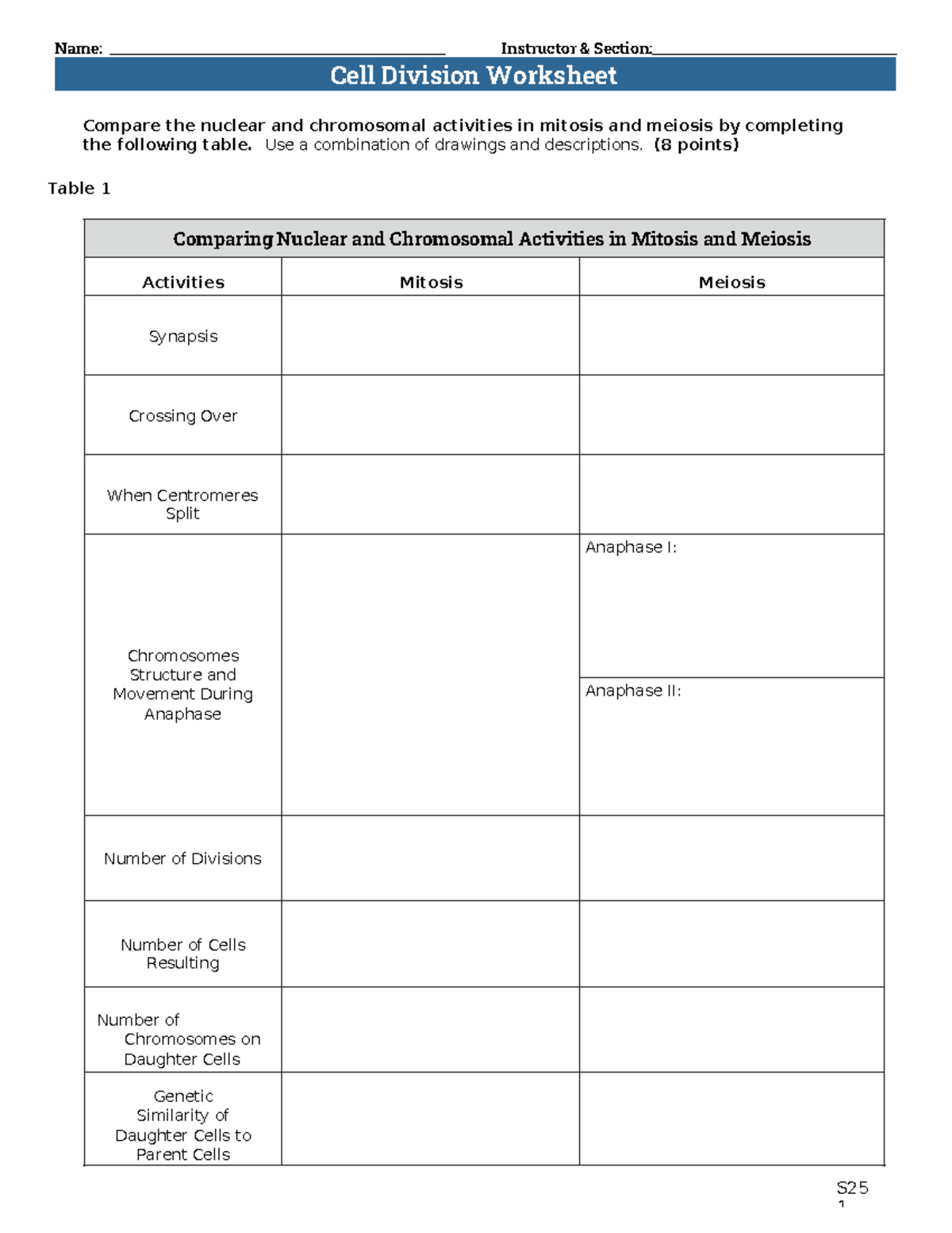 S25 Cell Division Lab Worksheet - Name: Instructor & Section: Cell ...