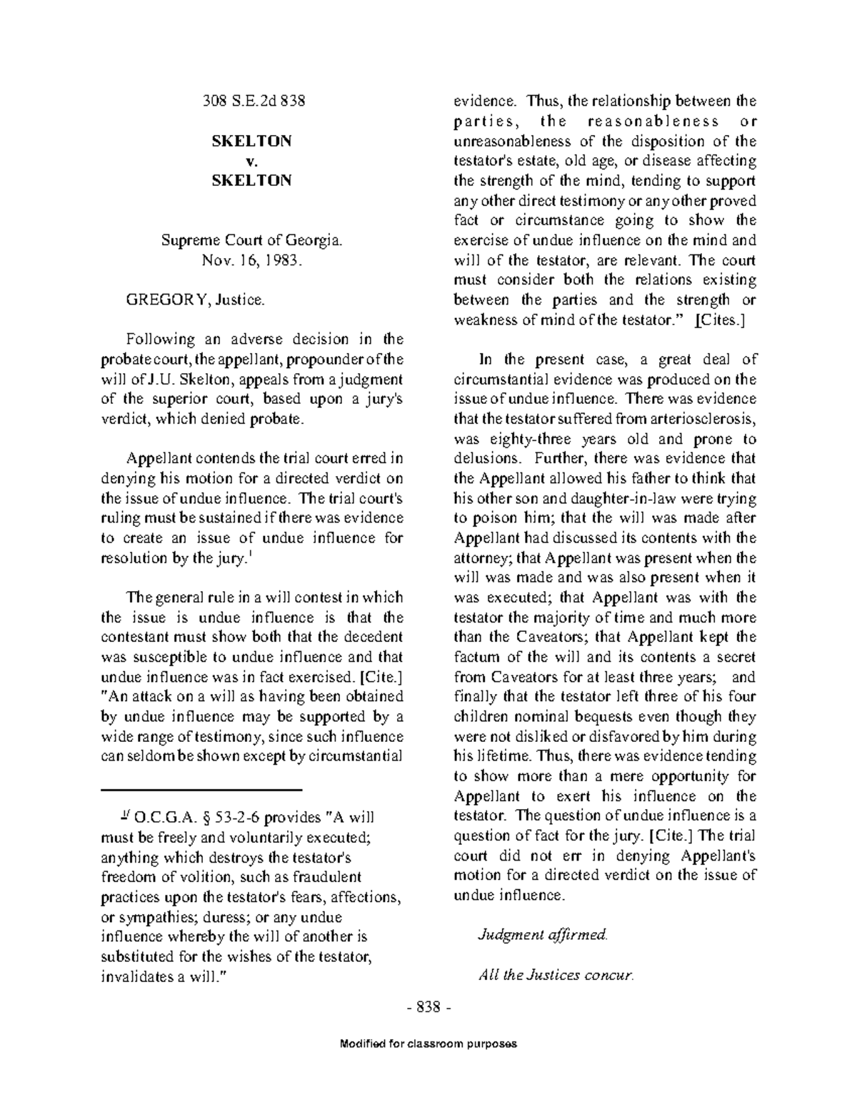 308 S.E.2d 838: Undue Influence in Skelton v. Skelton Case Study - Studocu