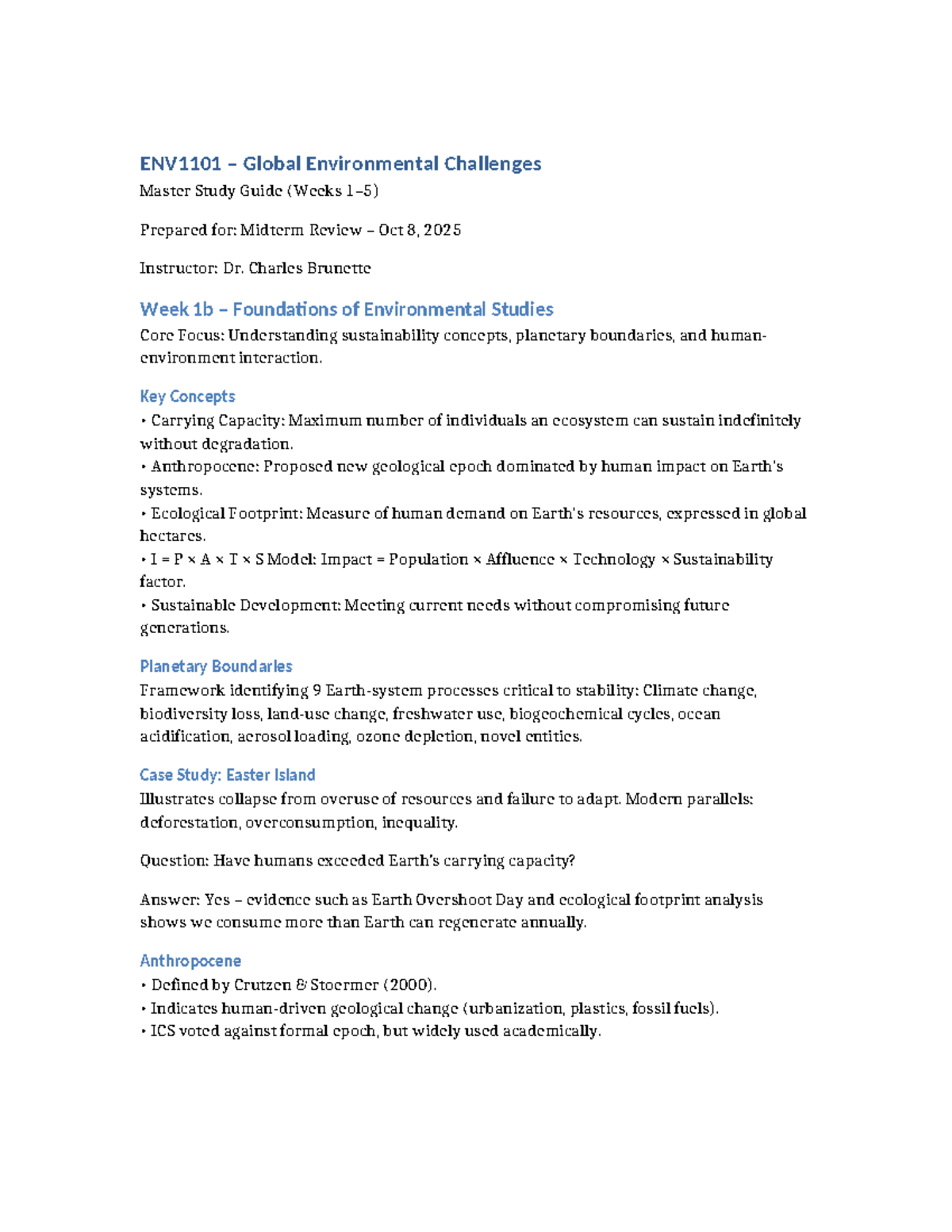 ENV1101 Global Environmental Challenges Midterm Study Guide (Weeks 1-5 ...