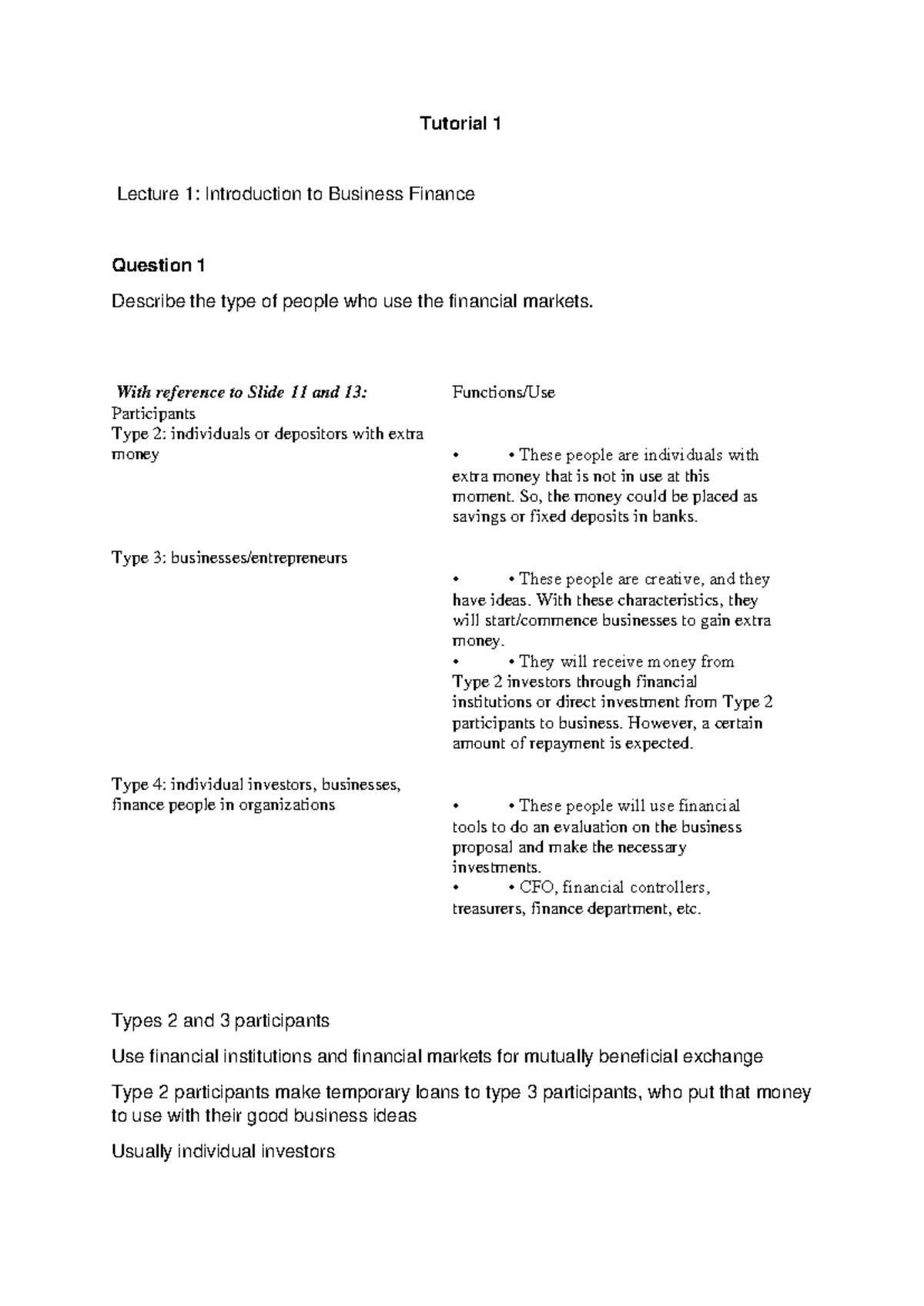T1 Introduction to Business Finance (Ch 1) - A - Tutorial 1 Lecture 1 ...
