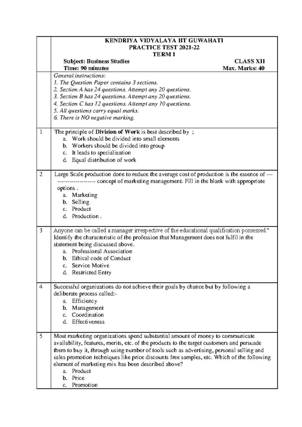 BST 12 Practice TEST SEPT - Business Studies - IIT Guwahati - Studocu