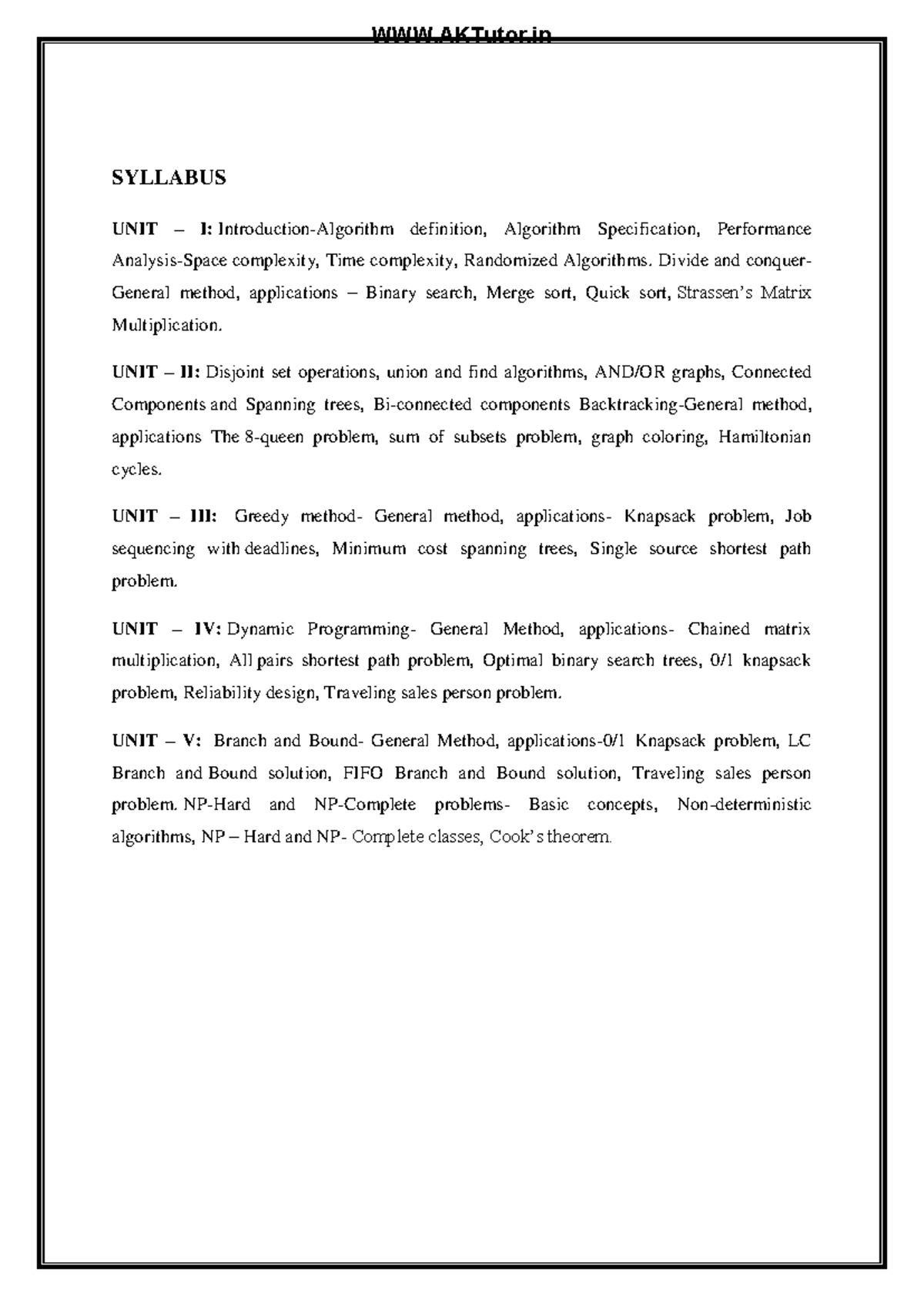 Design and Analysis of Algorithm notes pdf3 - SYLLABUS UNIT – I ...