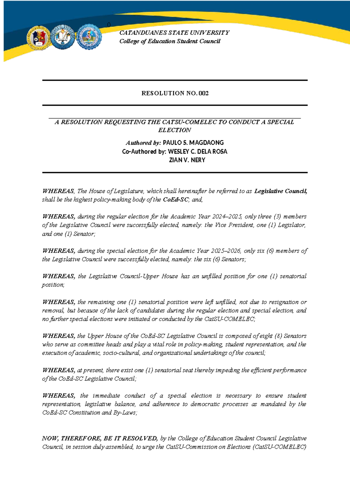 Resolution No. 002: Request for Special Election in College of ...