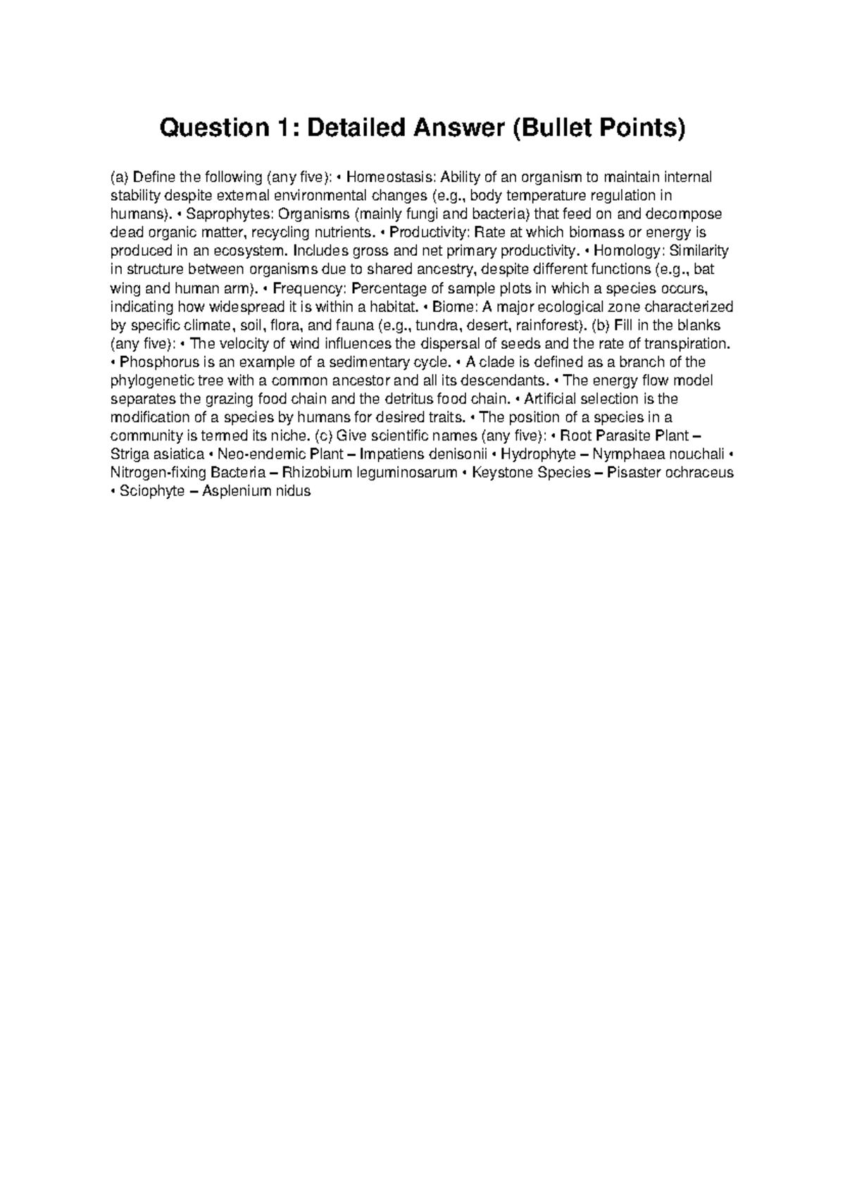 Biology 101: Question 1 Detailed Answers in Bullet Points - Studocu