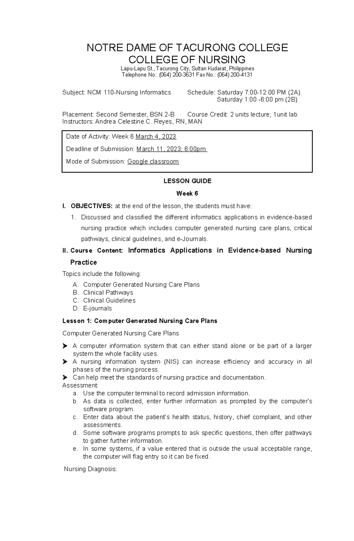 Informatics Lesson Guide Week 6 - NCM Course - Studocu